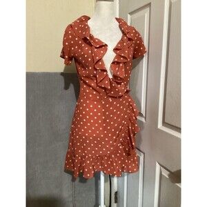 Realisation Par Dress Womens XXS Rust White Polka Dot Silk Wrap Ruffle Mini